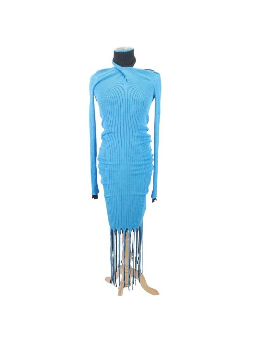 Bottega Veneta Prefall Back Open Turtle Knit Dress Fringe Blue Black XS